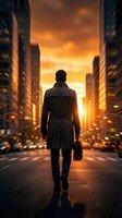 Confident businessman in trench coat walking toward dramatic urban sunset, briefcase in hand, city skyscrapers glowing with golden light.