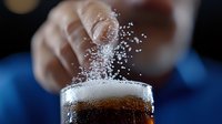 Close-up of salt being sprinkled onto dark carbonated beverage in glass, creating dynamic splash effect with bubbles and foam against dark background.
