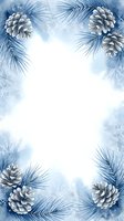 Winter holiday frame with frosted pine branches and silver pinecones on snowy blue background for seasonal greeting cards and festive designs.