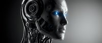 Futuristic humanoid robot head with glowing blue eye and metallic chrome surface showcasing advanced artificial intelligence technology and cybernetic design.