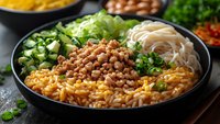 Asian noodle bowl with spicy minced meat, rice noodles, fresh cucumber, lettuce and herbs served in black ceramic bowl on dark background.