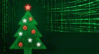Digital Christmas tree with glowing ornaments and star on green matrix code background for holiday tech designs and cyber celebration concepts.