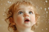 Close up portrait of young child with curly blonde hair and blue eyes looking up in wonder at falling snow against warm golden background.