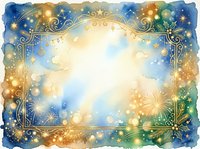 Ornate decorative frame with blue, gold, and green watercolor background featuring stars, bokeh lights, and swirling flourishes. Isolated on transparent background, ready for greeting cards, invitations, and design projects.