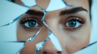 Close up view of bright blue eyes seen through broken mirror fragments creating artistic reflection effect, dramatic beauty portrait with shattered glass aesthetic.