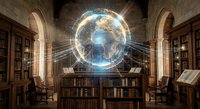 Futuristic library with holographic Earth globe projection floating above ancient books and wooden shelves in grand academic hall with glowing data streams.