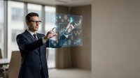 Professional businessman in suit interacting with holographic financial data display showing growth charts and analytics in modern office environment.