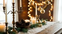Cozy Christmas table setting with candles, pine cones, evergreen branches and warm bokeh lights creating festive holiday atmosphere for dining decor.