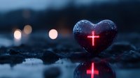 Glowing cross on dark red heart shape with water reflection and bokeh lights in moody blue atmosphere, spiritual faith concept for religious designs.