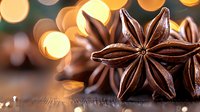 Star anise pods with warm golden bokeh lights in background creating magical holiday atmosphere, macro food photography with soft focus and festive glow.