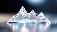 Minimalist mountain peaks rising from reflective water surface with ethereal glow and soft bokeh background, creating serene abstract landscape composition.