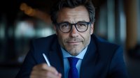 Confident mature businessman in glasses and navy suit signing documents at office desk. Professional corporate portrait with natural lighting and blurred background.