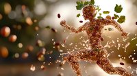 Running figure made of autumn leaves and particles against blurred bokeh background, dynamic motion with scattered foliage and light effects creating magical nature silhouette.