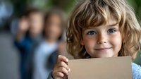 Young child with blue eyes and wavy hair holding blank cardboard sign, with blurred figures in background, for education or childhood concepts.