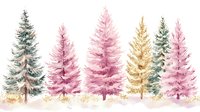 Watercolor winter forest with pink, gold and green evergreen trees in row on white background isolated for holiday design and seasonal decoration.
