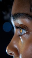 Close-up profile view of African American woman's eye with golden light reflection, long eyelashes and smooth skin against dark background with bokeh effect.