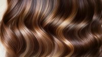 Luxurious wavy brown hair with golden highlights showcasing healthy shine and smooth texture. Perfect for beauty, haircare, and salon advertising.