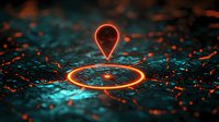 Glowing orange location pin marker hovering over illuminated circle on dark textured surface with scattered light particles and teal reflections.