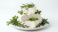 Fresh ricotta cheese stacked on white plate with rosemary, parsley, and peppercorns, isolated on white background for culinary and food design use.