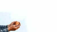 Man's hand holding a small brown stone or pebble against a light sky background, suitable for concepts of choice, decision-making, and minimalist design projects.