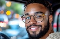 Young African American man with glasses and beard smiling warmly in urban setting with bokeh lights background for lifestyle and portrait concepts.