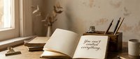 Inspirational quote in open notebook on wooden desk with vintage calligraphy tools and dried eucalyptus creating motivational workspace atmosphere.