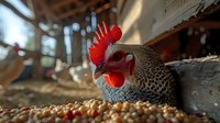 Spotted gray hen with bright red comb pecking at scattered corn and grain on wooden floor in rustic barn setting with natural sunlight streaming through windows.