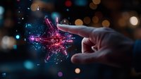 Magical glowing star burst effect when finger touches sparkle point in dark space with bokeh lights, creating ethereal energy visualization for fantasy concepts.
