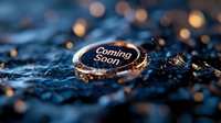 Golden "Coming Soon" text on metallic coin against dark textured surface with bokeh lights, creating anticipation for new product launch.