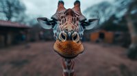 Giraffe with distinctive spotted coat and long neck looking directly at camera in zoo enclosure setting with blurred background structures.
