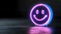 Glowing neon smiley face sign with pink and blue light reflection on dark surface creates modern nightclub atmosphere for party and entertainment design.
