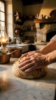 Elderly hands kneading fresh bread dough in rustic kitchen with warm lighting and traditional cooking utensils for homemade baking and culinary arts.