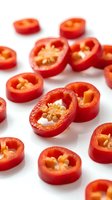 Fresh red bell peppers sliced in half, displaying vibrant interiors with seeds and membranes, isolated on white background for culinary and food design projects.