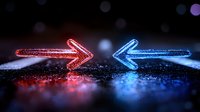 Glowing neon arrows in red and blue face each other on dark background with sparkle effects and bokeh lights, creating dramatic confrontation scene.