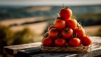 Fresh ripe red tomatoes stacked in pyramid on rustic wooden table with warm sunlight creating beautiful natural lighting for healthy organic food photography.