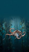 Octopus swimming through underwater kelp forest with sunlight rays filtering through deep blue ocean water creating mystical marine environment.