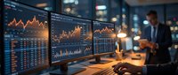 Financial analyst monitoring stock market data on multiple computer screens in modern trading office environment at night.