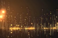 Abstract digital cityscape with glowing golden lights and vertical lines creating mirror reflection effect against dark background, modern urban technology concept.