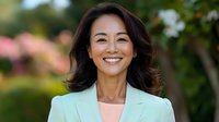 Confident Asian businesswoman in mint green blazer and coral top smiling warmly outdoors with natural garden background, representing success and leadership.