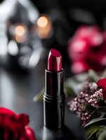 Red lipstick in black tube against dark background with soft bokeh lights and floral elements, creating luxurious beauty product composition for cosmetic advertising.