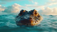 Crocodile head emerging from turquoise water surface at sunset, close-up view showing textured scales and eyes against dramatic cloudy sky background.