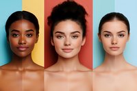 Three diverse women with natural makeup and glowing skin against colorful background panels showcase beauty, skincare, and cosmetic concepts for advertising.