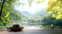 Serene morning tea setting on wooden deck overlooking misty mountain lake, with fresh green leaves and sunlight filtering through trees, creating peaceful atmosphere.