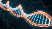 DNA double helix structure with glowing orange and blue strands on dark background, representing genetic research, biotechnology, and molecular science for medical and educational use.