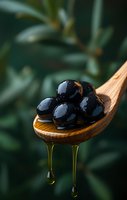 Fresh black olives on wooden spoon with dripping olive oil against dark green blurred background, dramatic food photography with natural lighting.