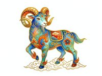 Ornate ram with curved horns decorated in vibrant blue, gold, and red patterns, featuring intricate floral and geometric designs, isolated on white background for design projects.