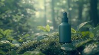 Green glass dropper bottle on moss in mystical forest with sunbeams filtering through trees, natural wellness and aromatherapy concept in morning light.