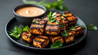 Grilled tofu cubes with charred grill marks, fresh herbs and creamy dipping sauce served on black plate, close up view against dark background.