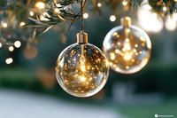 Clear glass Christmas ornaments with warm LED lights hanging from evergreen branches creating festive holiday atmosphere for seasonal decorations.