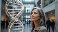 Mature Caucasian female scientist examining large DNA double helix model in modern research facility lobby with blurred people in background.